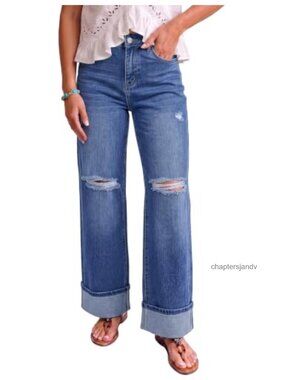High Waisted Wide Leg Ripped Denim Jeans Rolled Hem Stretch Boyfriend